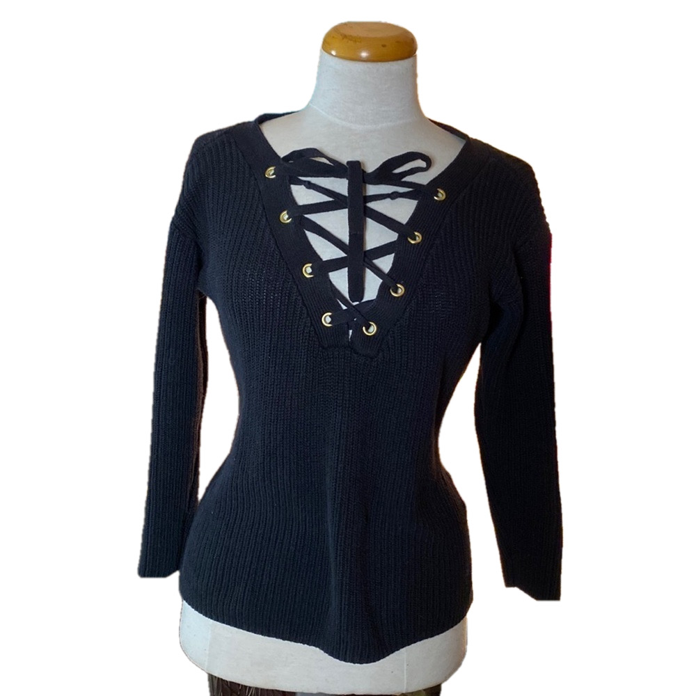 🌹Guess🌹 Black Ribbed Knit Lace  Up V Neck Sweater